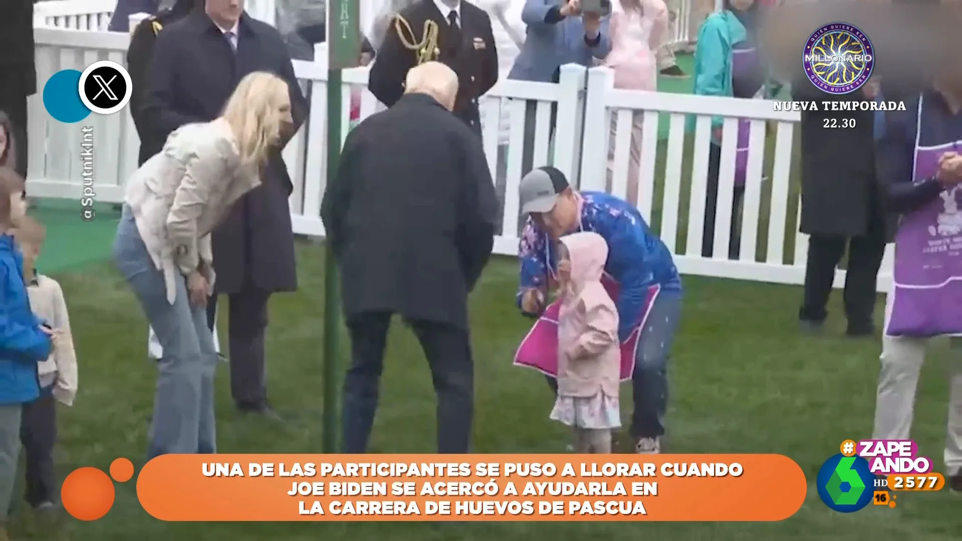 La reacción de una niña cuando Biden acude a ayudarla en la carrera de huevos de Pascua