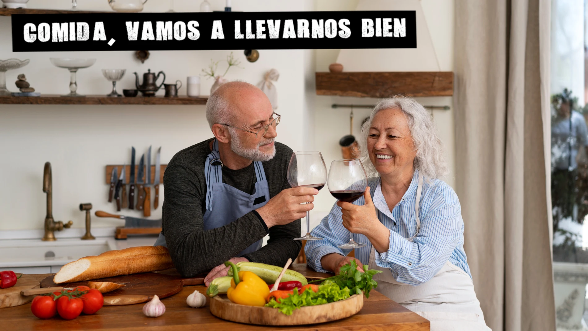 Abuela y abuelo cocinando juntos.