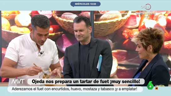 La curiosa receta de Pablo Ojeda para ese "trozo de fuet perdido": un falso tartar con mostaza y encurtidos El embutido es la estrella de la sección de Pablo Ojeda, que nos enseña cómo aprovechar el típico trozo de fuet que tenemos por casa y convertirlo en todo un falso 'steak tartar' con mostaza, pepinillos y un toque de picante. La receta, en este vídeo.