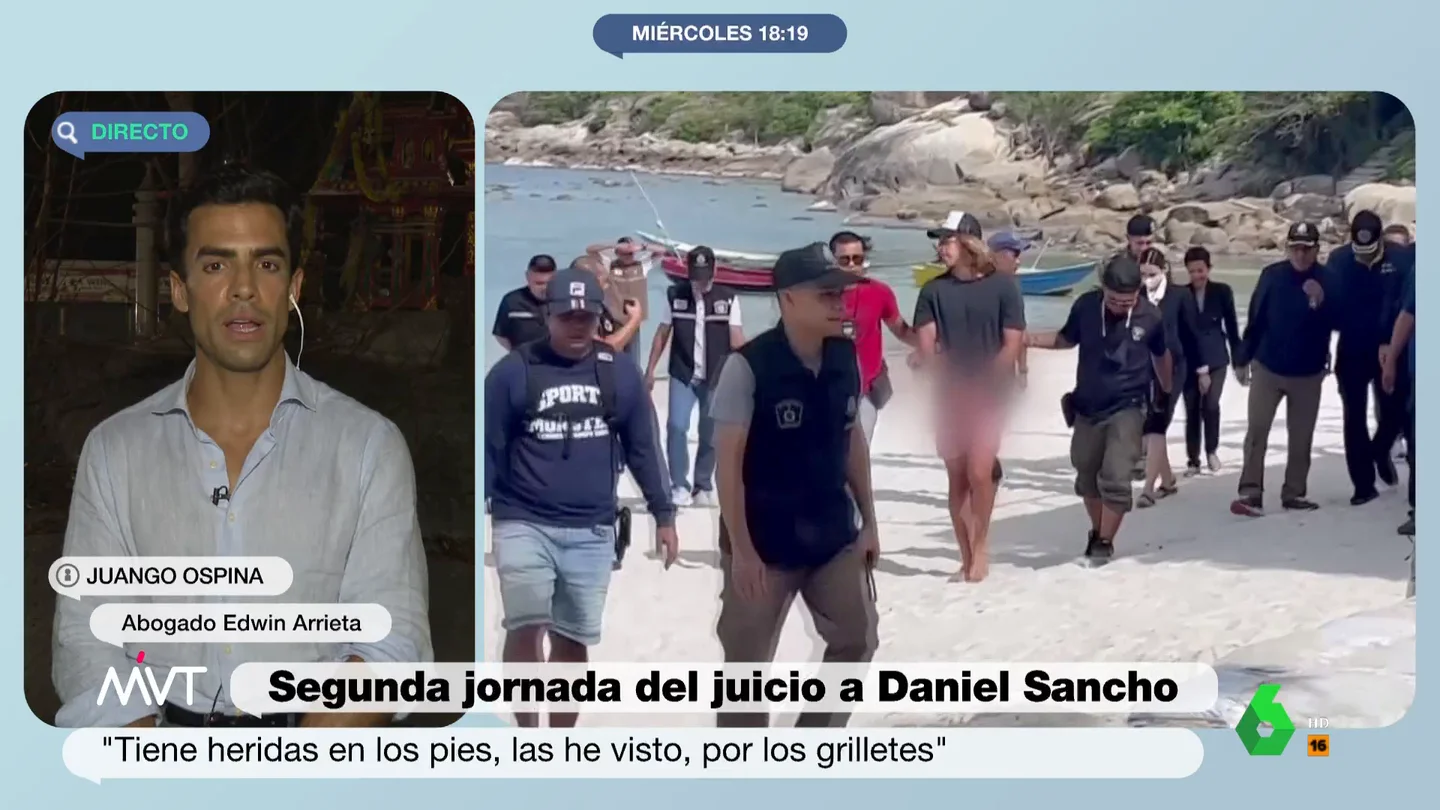 MVT El abogado de Edwin Arrieta habla del estado de Daniel Sancho: "Tiene heridas en los tobillos y en las muñecas" MVT El abogado de Edwin Arrieta habla del estado de Daniel Sancho: "Tiene heridas en los tobillos y en las muñecas"