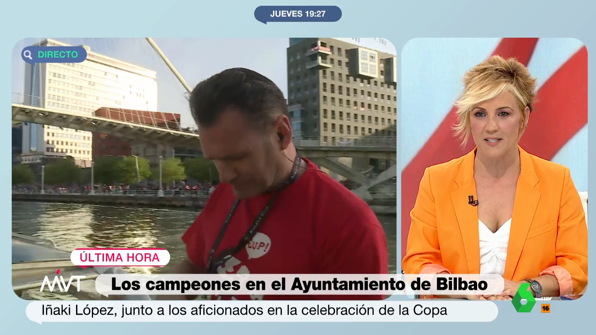 Como no podía ser de otra forma, en su última conexión desde el barco que acompañó a la gabarra del Athletic, Iñaki López muestra el "menú de deportistas" al que le ha invitado el club, una tarta que en este vídeo se le ve comerse en directo.