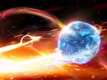 Recreación artística de una fusión de agujero negro y estrella de neutrones
