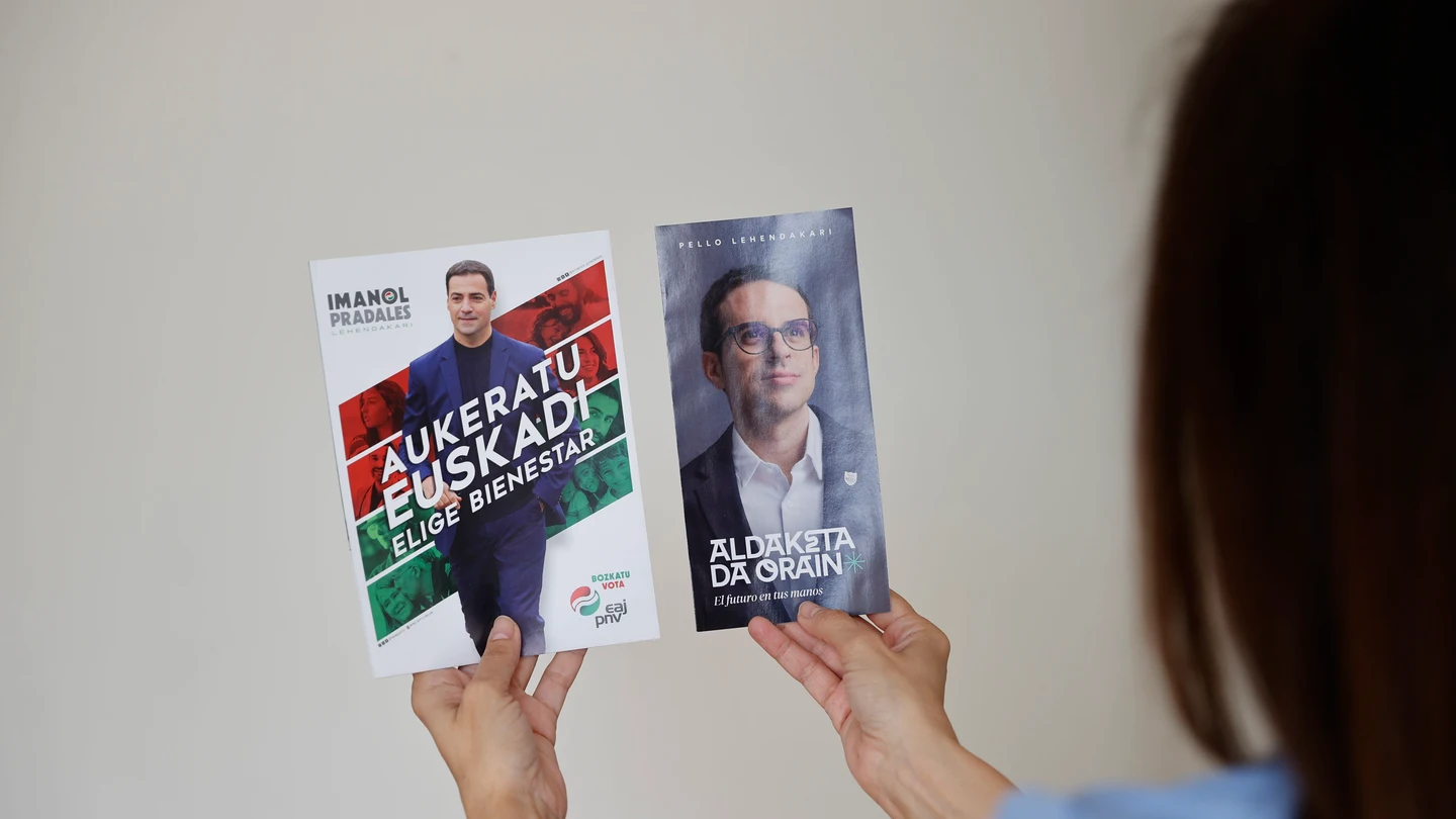 Propaganda electoral del PNV y de EH Bildu, con imágenes de sus candidatos, Imanol Pradales y Pello Otxandiano, respectivamente Propaganda electoral del PNV y de EH Bildu, con imágenes de sus candidatos, Imanol Pradales y Pello Otxandiano, respectivamente