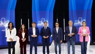 Los candidatos a lehendakari (i-d) por Vox, Amaia Martínez, por Podemos, Miren Gorrotxategi, por el PSE-PSOE, Eneko Andueza, por el PNV, Imanol Pradales, por EH-Bildu, Pello Otxandiano, por el PP, Javier de Andrés, y por Sumar, Alba García, a su llegada a la sede de ETB para participar en un debate electoral, hoy martes en Bilbao.