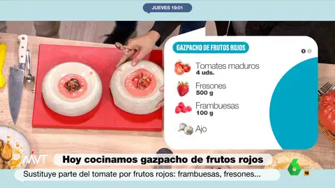 Carlos Maldonado visita el plató de Más Vale Tarde para preparar tres tipos diferentes de gazpacho. Desde el "raro" gazpacho asado, pasando por uno de fresas que entusiasma a Iñaki López y Cristina Pardo y terminando con el de toda la vida.