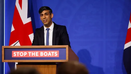 El primer ministro británico, Rishi Sunak, durante una rueda de prensa sobre su emblemática política de migración a Ruanda El primer ministro británico, Rishi Sunak, durante una rueda de prensa sobre su emblemática política de migración a Ruanda