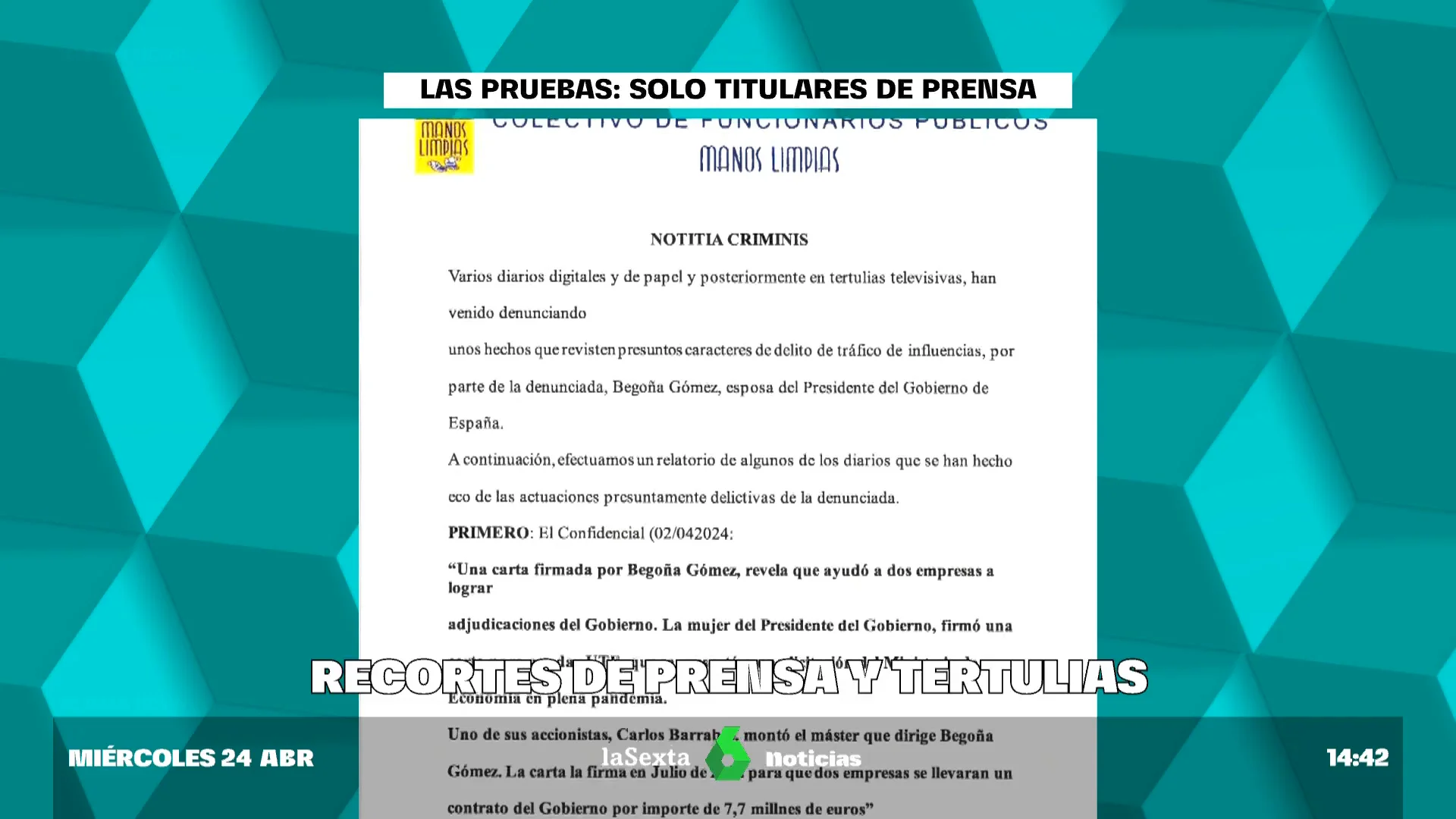 La denuncia contra la mujer de Sánchez, un resumen de noticias admitido a trámite sin consultar a la Fiscalía