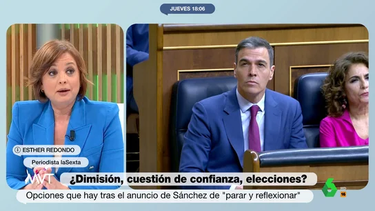 Esther Redondo analiza las horas previas a la carta de Pedro Sánchez Esther Redondo explica en este vídeo cómo vivió Pedro Sánchez las horas previas a su carta a la ciudadanía y asegura que "por lo que nos dicen, no consulta su decisión, por si lo hubiera hecho, posiblemente no hubiera escrito esa carta".