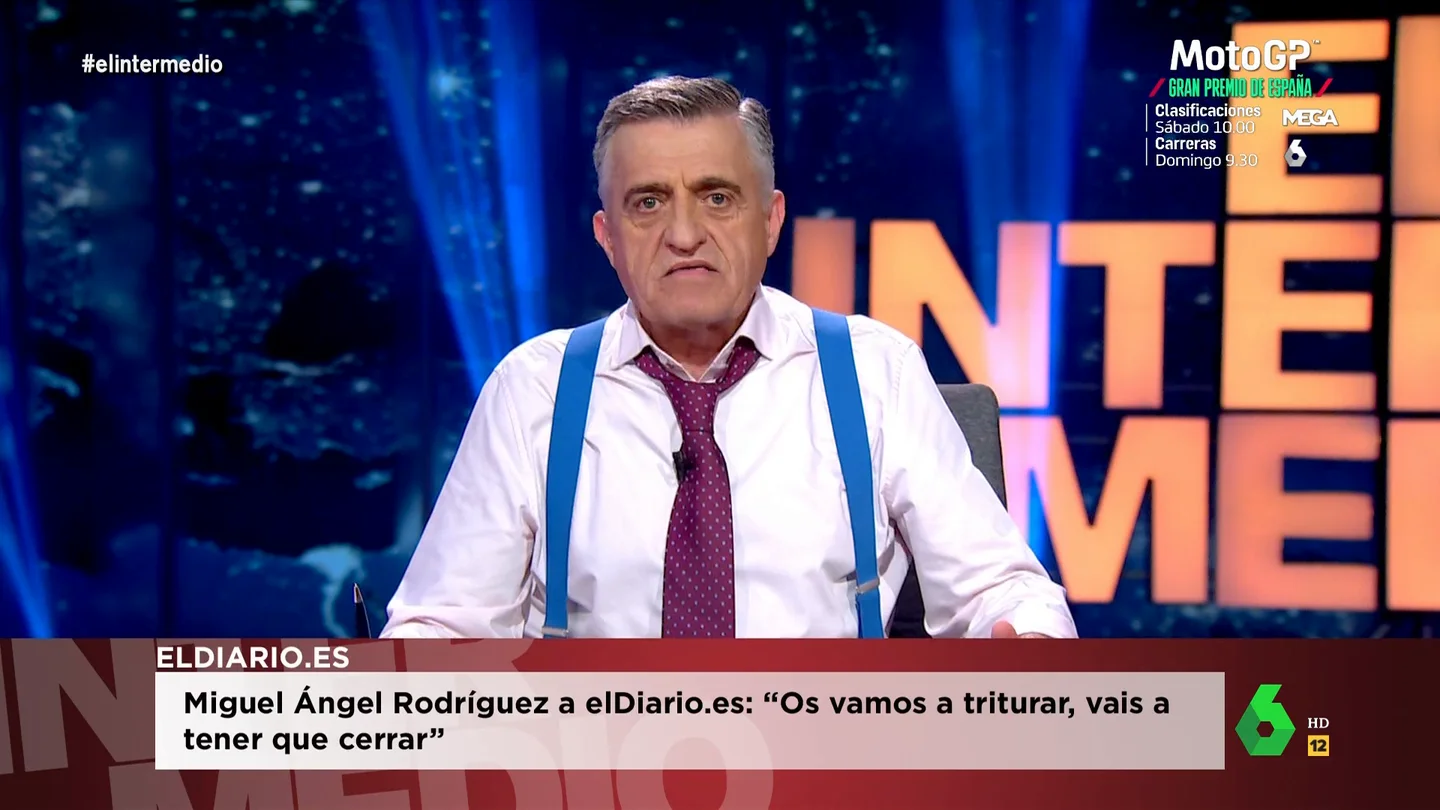 Wyoming responde a Ayuso tras criticar la carta de Sánchez: "Si quisiera triturar a los medios pediría consejo a Miguel Ángel Rodríguez" Wyoming responde a Ayuso tras criticar la carta de Sánchez: "Si quisiera triturar a los medios pediría consejo a Miguel Ángel Rodríguez"