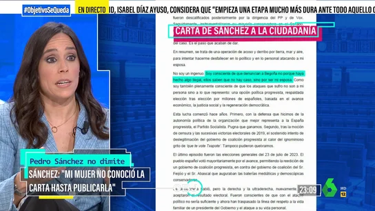 OBJETIVO - Pilar Velasco defiende que el "contenido de la carta de Pedro Sánchez" como "artefacto político funciona" OBJETIVO - Pilar Velasco defiende que el "contenido de la carta de Pedro Sánchez" como "artefacto político funciona"
