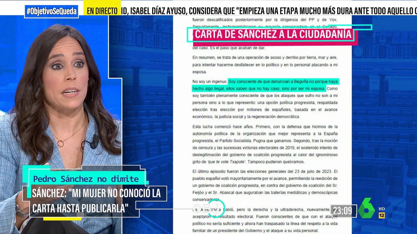 OBJETIVO - Pilar Velasco defiende que el "contenido de la carta de Pedro Sánchez" como "artefacto político funciona" OBJETIVO - Pilar Velasco defiende que el "contenido de la carta de Pedro Sánchez" como "artefacto político funciona"