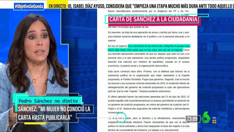 OBJETIVO - Pilar Velasco defiende que el "contenido de la carta de Pedro Sánchez" como "artefacto político funciona"