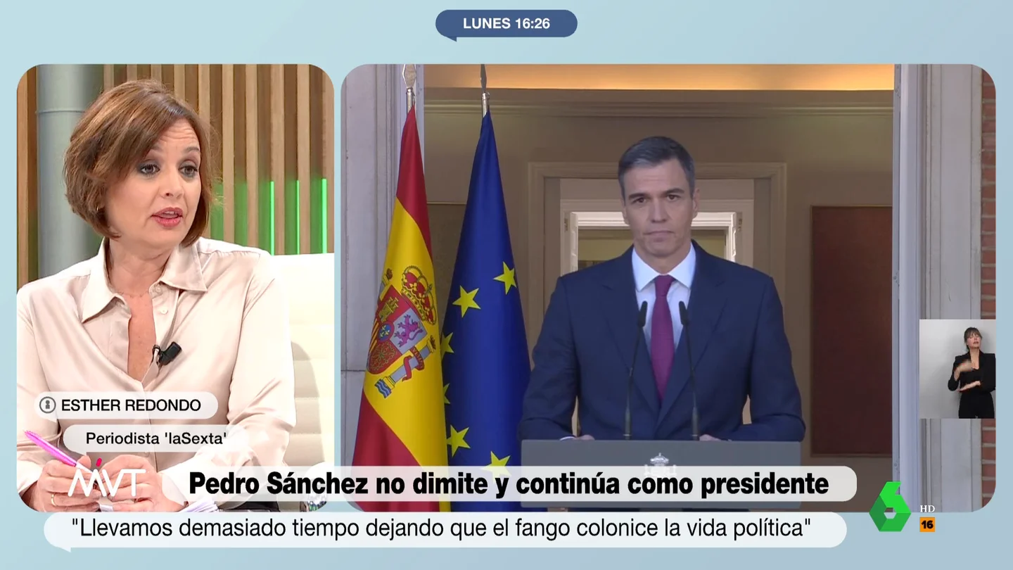 MVT Esther Redondo cuenta cómo ha trasladado Sánchez su decisión a su núcleo duro: "Begoña le había dicho: 'Yo estoy fuerte'" MVT Esther Redondo cuenta cómo ha trasladado Sánchez su decisión a su núcleo duro: "Begoña le había dicho: 'Yo estoy fuerte'"