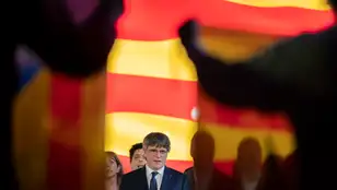 El candidato de Junts per Catalunya, Carles Puigdemont, en un acto de campaña de la formación celebrado el pasado uno de mayo en Argelès-sur-Mer (Francia). 
