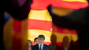El candidato de Junts per Catalunya, Carles Puigdemont, en un acto de campaña de la formación celebrado el pasado uno de mayo en Argelès-sur-Mer (Francia). 