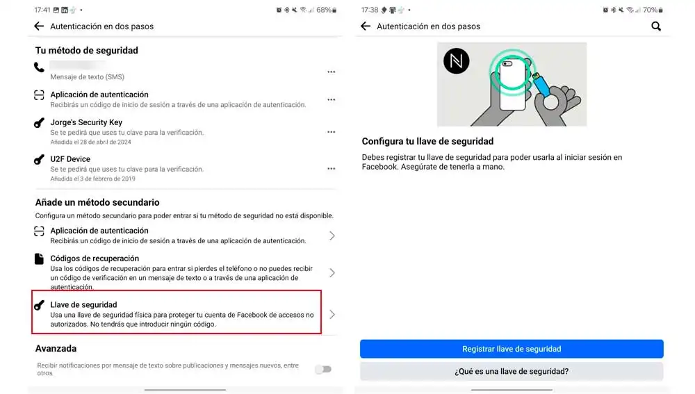 Configurando la llave de seguridad en Facebook Configurando la llave de seguridad en Facebook