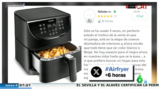 Un hombre vende su nueva air fryer porque es de color negro: "Mi pareja está en la etapa de creerse diseñadora de interiores" Un hombre vende su nueva air fryer porque es de color negro: "Mi pareja está en la etapa de creerse diseñadora de interiores"