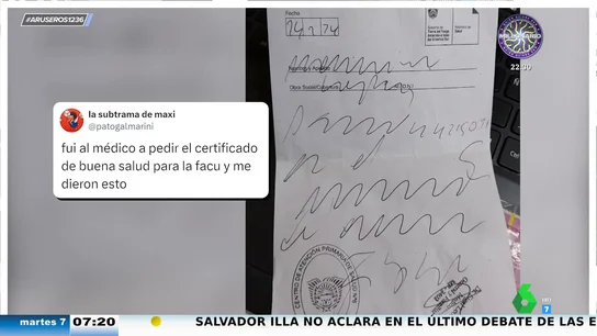 Alfonso Arús alucina con este ilegible certificado médico: "Parece lo que pinta un niño cuando dibuja el mar con olas" Alfonso Arús alucina con este ilegible certificado médico: "Parece lo que pinta un niño cuando dibuja el mar con olas"