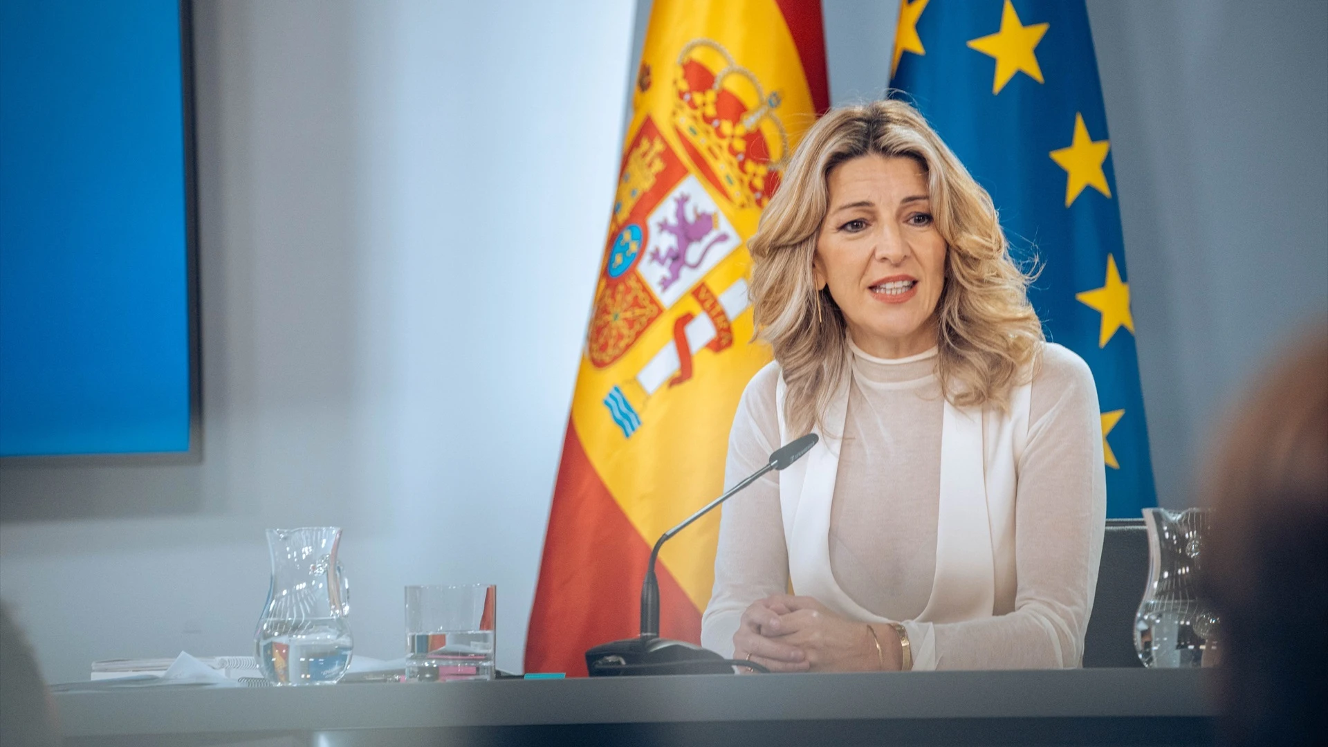 La vicepresidenta segunda y ministra de Trabajo, Yolanda Díaz, durante una rueda de prensa posterior al Consejo de Ministros.