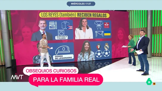 La reacción de Iñaki López al conocer los regalos a la familia real José Luis Torá analiza en este vídeo los regalos más curiosos recibidos por la familia real en el último año, desde puros o un cómic de 'Mortadelo y Filemón' para el rey Felipe VI, hasta el gorro de legionario para la princesa Leonor.