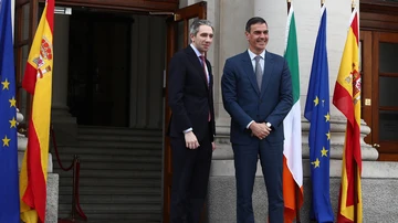  Pedro Sánchez con el primer ministro de Irlanda, Simon Harris, tras la reunión que mantuvieron en Dublín sobre reconocer el Estado palestino. 