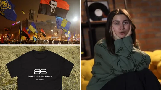 A la derecha, la representante ucraniana de Eurovisión con una sudadera de Banderaciaga; a la izquierda, abajo una camiseta de la misma marca y arriba una manifestación en la que ondea la bandera de Stepan Bandera A la derecha, la representante ucraniana de Eurovisión con una sudadera de Banderaciaga; a la izquierda, abajo una camiseta de la misma marca y arriba una manifestación en la que ondea la bandera de Stepan Bandera