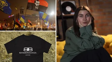 A la derecha, la representante ucraniana de Eurovisión con una sudadera de Banderaciaga; a la izquierda, abajo una camiseta de la misma marca y arriba una manifestación en la que ondea la bandera de Stepan Bandera