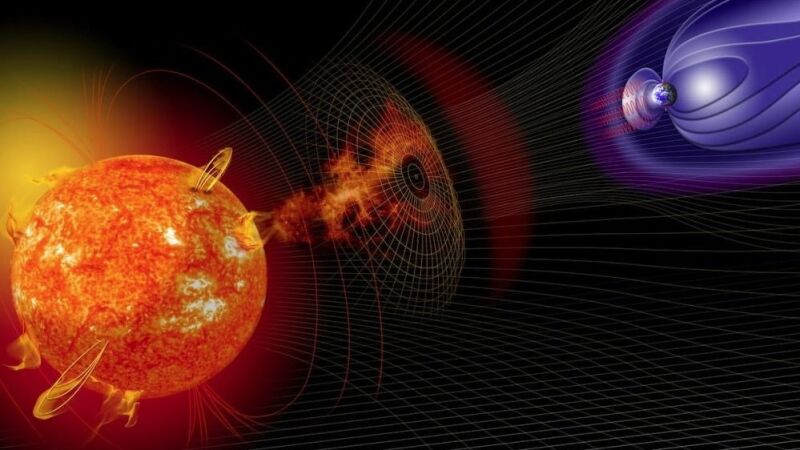 Impresión artística que representa la influencia de una erupción solar en la Tierra