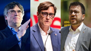 Los candidatos de Junts, PSC y ERC, Carles Puigdemont, Salvador Illa y Pere Aragonès, en varias imágenes de la campaña