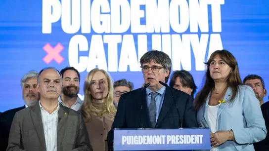 El candidato de JxCat a la presidencia de la Generalitat, Carles Puigdemont, durante la rueda de prensa del pasado 12 de mayo, día de las elecciones catalanas El candidato de JxCat a la presidencia de la Generalitat, Carles Puigdemont, durante la rueda de prensa del pasado 12 de mayo, día de las elecciones catalanas