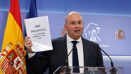 El portavoz del PP en el Congreso, Miguel Tellado, durante la rueda de prensa que ha ofrecido este martes en la Cámara Baja. El portavoz del PP en el Congreso, Miguel Tellado, durante la rueda de prensa que ha ofrecido este martes en la Cámara Baja.