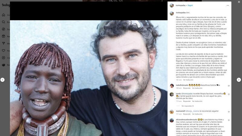 Fotografía tomada de la cuenta en Instagram de Toni Espadas donde aparece junto a una joven en uno de sus primeros viajes a Etiopía.