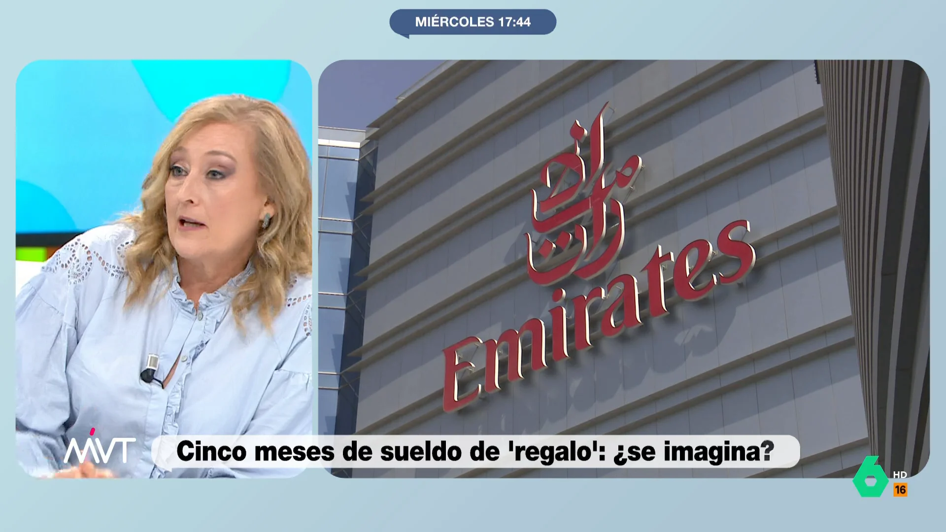 Elisa Beni desvela en Más Vale Tarde que su sobrino es piloto en Emirates, la compañía que acaba de regalar cinco meses de su sueldo a los trabajadores tras obtener beneficios récord. En este vídeo, explica algunas ventajas que ofrece la compañía.