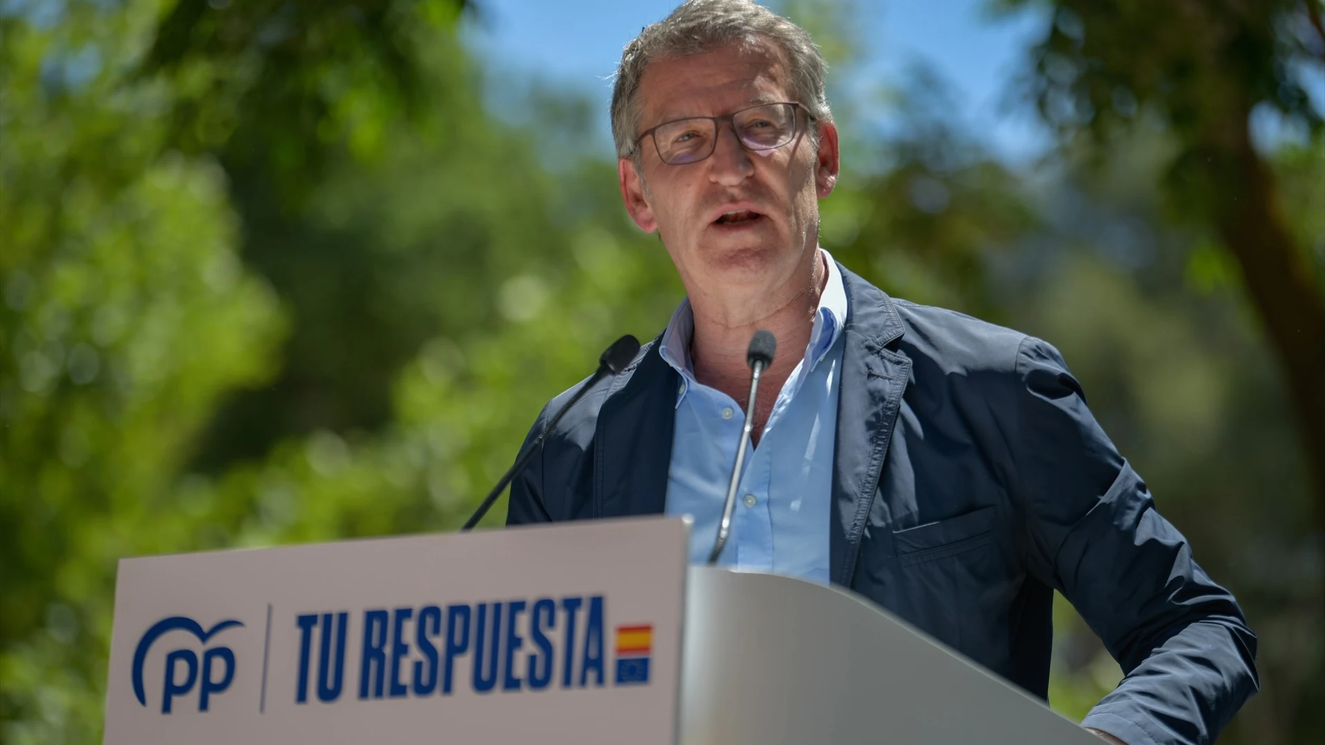 Alberto Nuñez Feijóo, líder del PP, en un mitin en Tomelloso