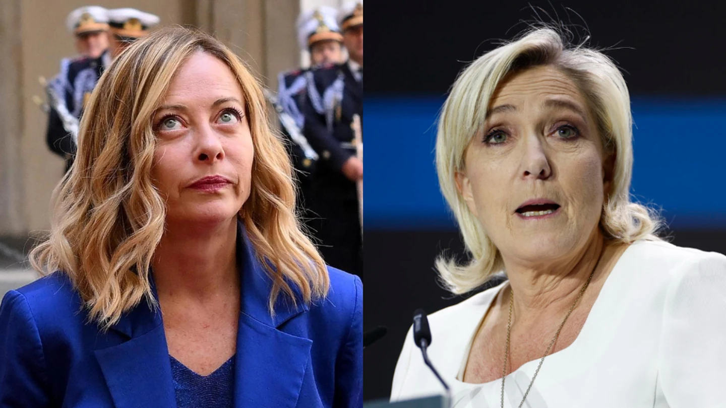 Meloni en Le Pen en imágenes de archivo Meloni en Le Pen en imágenes de archivo