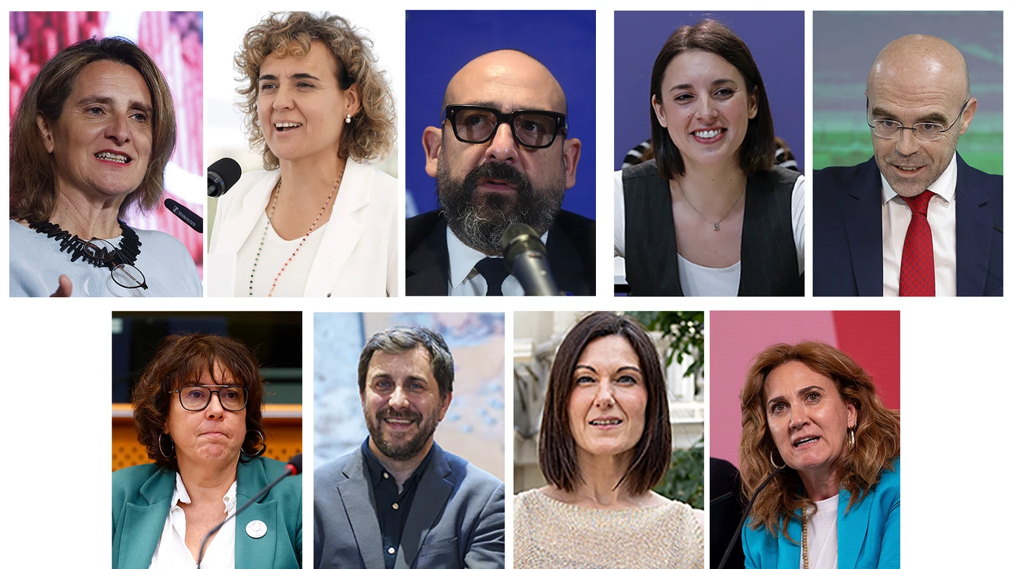De izquierda a derecha y de arriba a abajo, Teresa Ribera (PSOE), Dolors Montserrat (PP), Jordi Cañas (Ciudadanos), Irene Montero (Podemos), Jorge Buxadé (Vox), Diana Riba (ERC), Toni Comín (Junts), Oihane Agirregoitia (PNV) y Estrella Galán (Sumar), candidatos a las europeas De izquierda a derecha y de arriba a abajo, Teresa Ribera (PSOE), Dolors Montserrat (PP), Jordi Cañas (Ciudadanos), Irene Montero (Podemos), Jorge Buxadé (Vox), Diana Riba (ERC), Toni Comín (Junts), Oihane Agirregoitia (PNV) y Estrella Galán (Sumar), candidatos a las europeas