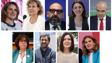 De izquierda a derecha y de arriba a abajo, Teresa Ribera (PSOE), Dolors Montserrat (PP), Jordi Cañas (Ciudadanos), Irene Montero (Podemos), Jorge Buxadé (Vox), Diana Riba (ERC), Toni Comín (Junts), Oihane Agirregoitia (PNV) y Estrella Galán (Sumar), candidatos a las europeas