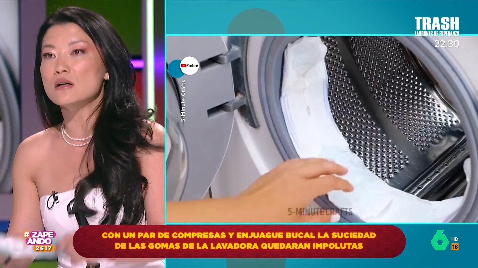 El truco de Jiaping con una compresa y enjuague bucal para limpiar las gomas de la lavadora
