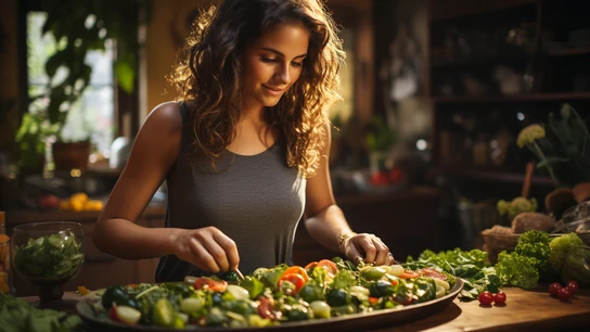 Una fuente llena de vegetales y comida sana. La ortorexia es la obsesión por comer sano.