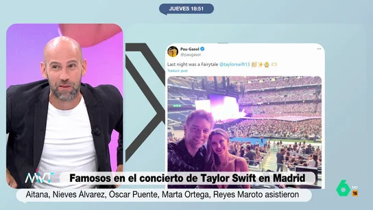 Gonzalo Miró recuerda cuando un jugador de la NBA se sentó delante de él en Maracaná Más Vale Tarde repasa la lista de famosos que estuvieron presentes en el concierto de ayer de Taylor Swift en Madrid, entre ellos Pau Gasol, y Gonzalo Miró explica en este vídeo qué se siente cuando que un jugador de baloncesto se sienta delante.