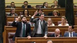 Los diputados de Vox Manuel Mariscal (i) y Pedro Fernández (d) responden a un diputado del PSOE