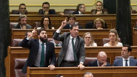Los diputados de Vox Manuel Mariscal (i) y Pedro Fernández (d) responden a un diputado del PSOE