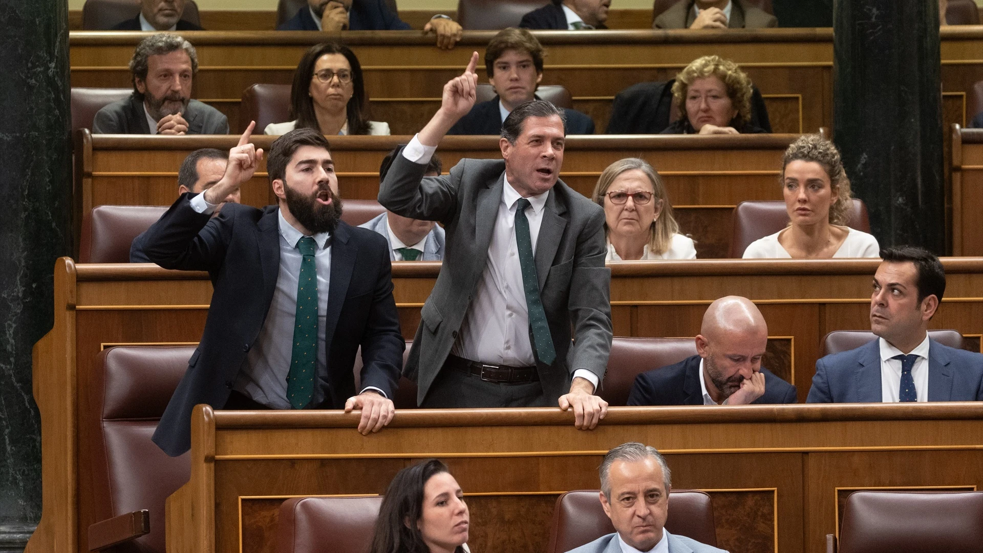 Los diputados de Vox Manuel Mariscal (i) y Pedro Fernández (d) responden a un diputado del PSOE