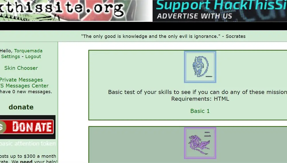 Interfaz de la web Hackthissite