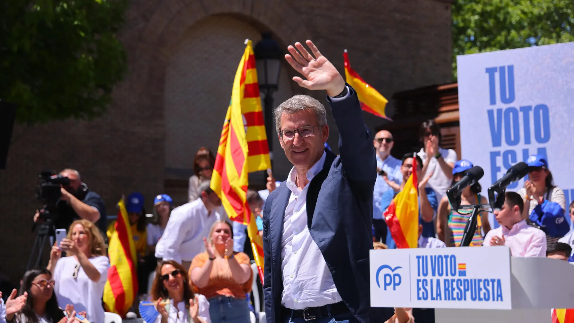 Alberto Nuñez Feijóo, líder del PP, durante un mitin en Zaragoza