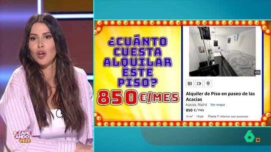 El desafío de Graciela Álvarez en Zapeando: ¿Cuánto cuestan los zulos más minúsculos de Madrid? Graciela Álvarez se convierte hoy en la 'acoplada' de Zapeando y, en este vídeo, propone a Cristina Pedroche, Miki Nadal, Dani Mateo, Quique Peinado y Eugeni Alemany adivinar el precio de alquiler de pisos de 12 y 13 metros cuadrados en Madrid.