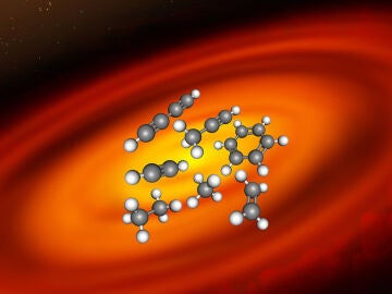 Ilustración de un disco protoplanetario alrededor de una estrella de muy baja masa con una selección de moléculas de hidrocarburos
