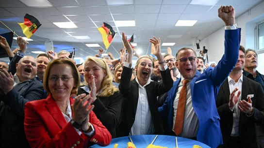 Líderes de AfD celebran los sondeos, este domingo en Berlín Líderes de AfD celebran los sondeos, este domingo en Berlín