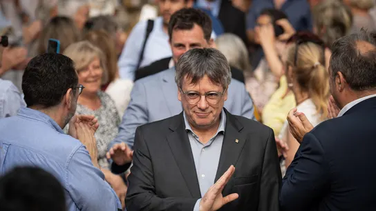 El expresidente de la Generalitat, Carles Puigdemont, durante un acto de campaña de JxCat en Colliure (Francia). El expresidente de la Generalitat, Carles Puigdemont, durante un acto de campaña de JxCat en Colliure (Francia).