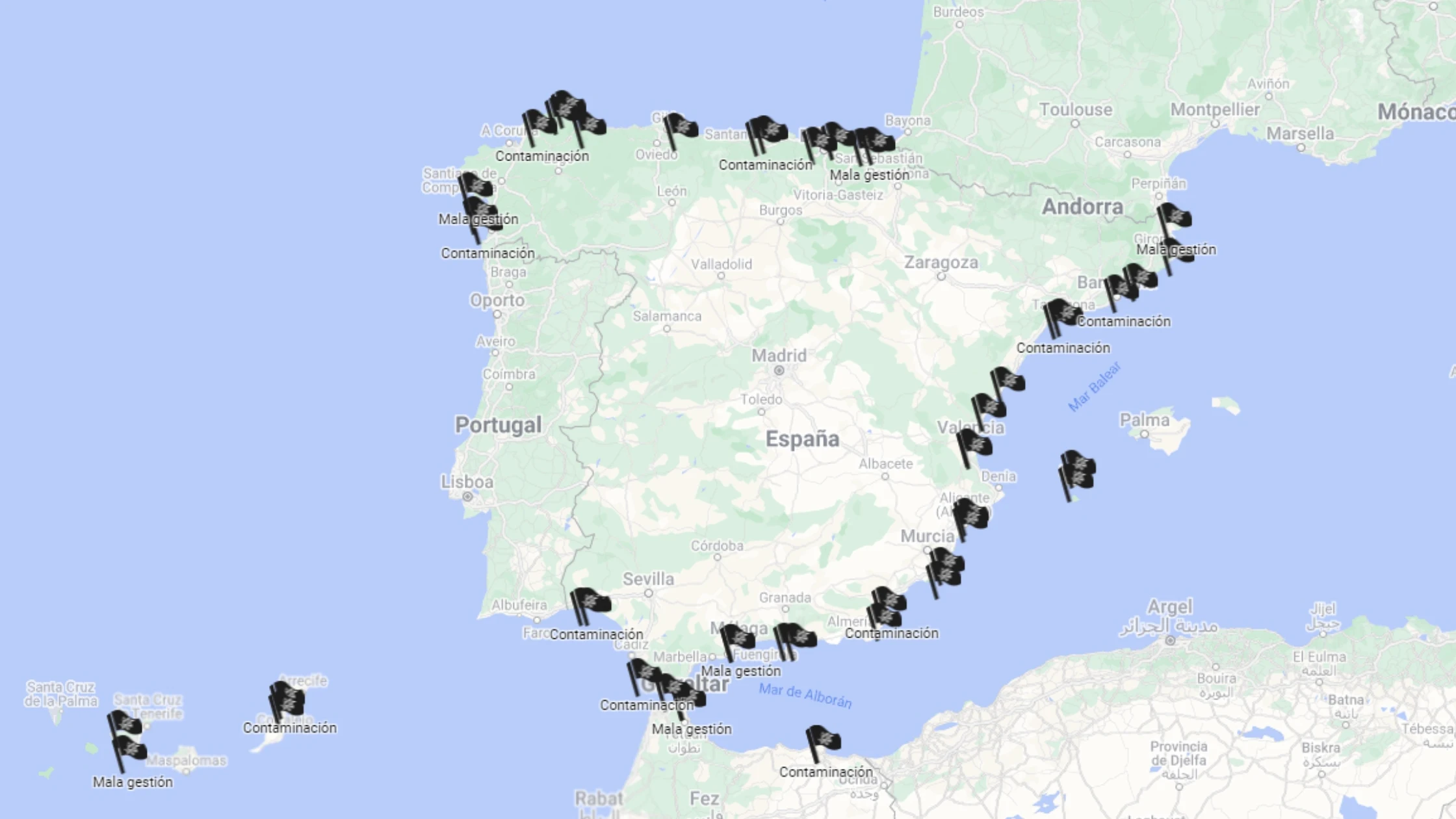 Mapa banderas negras de las playas de España 2024 Mapa banderas negras de las playas de España 2024